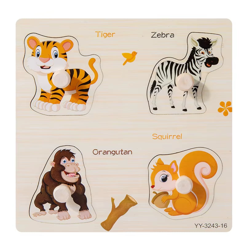 Wooden Mini Cartoon Animal Vehicle Pegged Puzzles Baby Montessori Plywood Early Educational Learning Toys for Kids Boys Girls